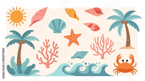 Vector Illustration of Tropical Beach Elements and Summer Vacation Symbols