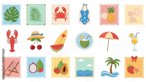Vector Stamp Collection Featuring Summer Vacation Symbols and Tropical Elements