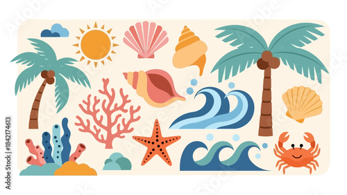 Vibrant Tropical Beach Elements Vector Set: Sun, Palm Trees, Seashells, Waves, Crab