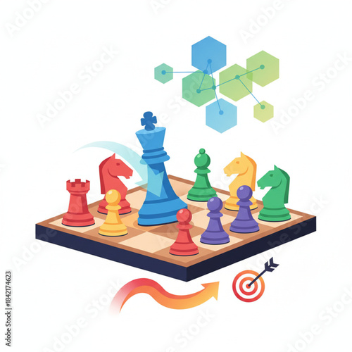 Chess board with pieces representing business strategy and hitting the target.