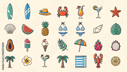 Diverse Summer Vacation Icons Set: Beach, Food, Drinks, and Activities Collection