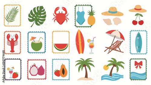 Vector Collection of Summer Vacation Themed Stamps for Travel and Leisure Themes