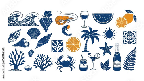 Summer Holiday Beach Vector Icons: Seafood, Drinks, Fruit, Nature and Travel Elements