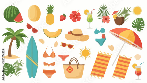 Vibrant Summer Beach Elements Collection Flat Vector Illustration for Holidays