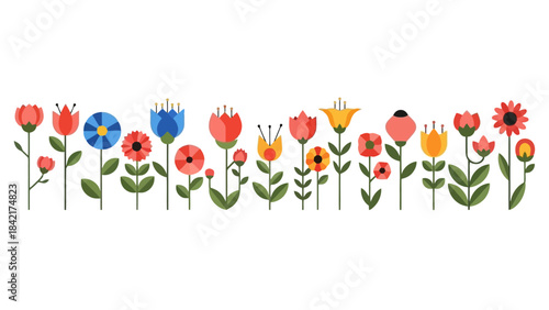 Colorful Vector Flowers in a Flat Style on White Background