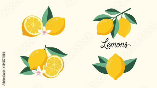 Vibrant Lemon Illustrations with Leaves and Flowers on Light Background
