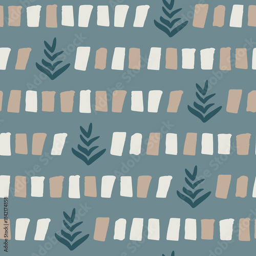 Seamless abstract pattern with hand-painted brush strokes and botanical leaves in beige and white on muted blue background, artistic minimalistic digital design for textile, wallpaper, and decor