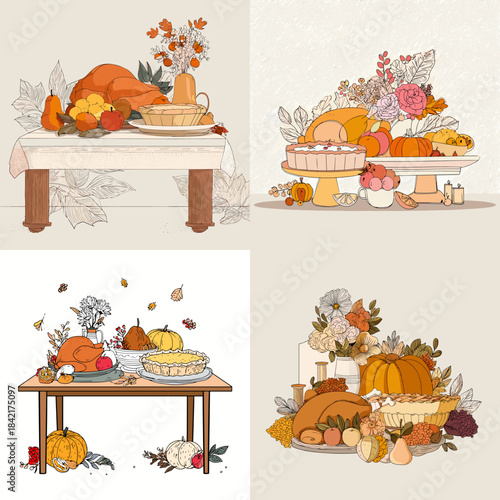 Autumn harvest watercolor illustrations of seasonal food tables with pumpkins bread fruits and flowers creating warm rustic fall atmosphere for decor and seasonal design.