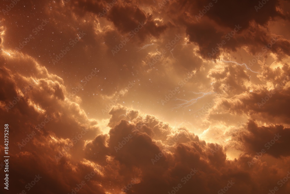 Obraz premium Vivid amber thunderstorms create a dramatic sky at sunset