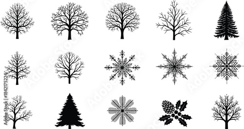 Collection of black silhouette winter trees snowflakes and holly with pine cone black and white