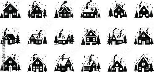 Collection of black silhouette winter houses with trees and falling snow home building
