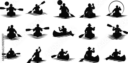Collection of black silhouettes of people canoeing on water with paddles kayak kayaking