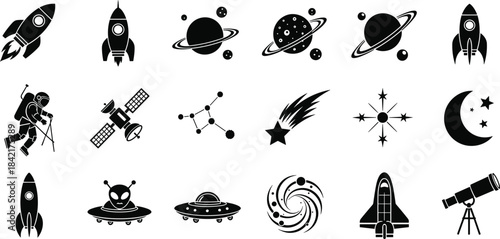 Collection of black space themed icons including rockets planets astronaut satellite constellation shooting star moon and telescope