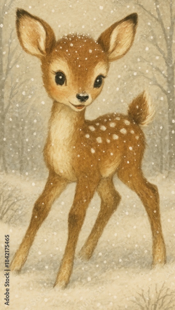 Fototapeta premium Adorable fawn in snowy forest mobile wallpaper