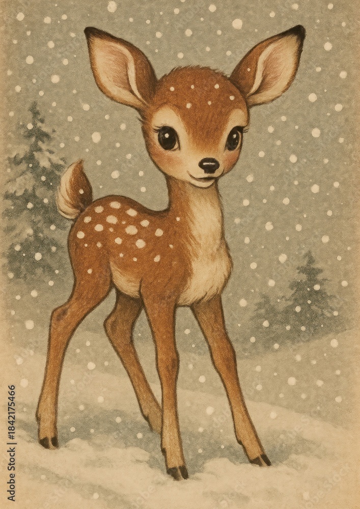 Fototapeta premium Charming fawn in snowy forest.