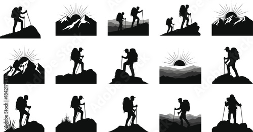 Silhouette hikers with backpacks and trekking poles on mountain peaks at sunrise