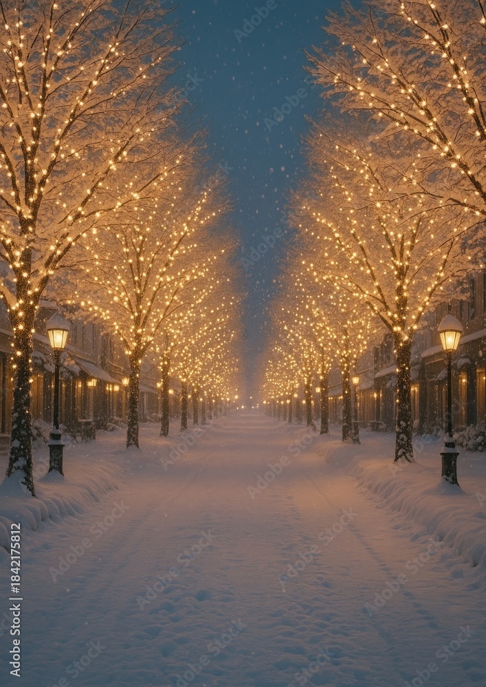 Naklejka premium Snowy path with glowing trees.
