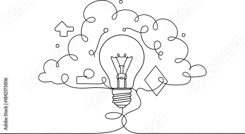 Continuous Line Drawing of a Lightbulb Symbolizing Innovation and Bright Ideas on White
Hand-drawn Lightbulb with Cloud, Idea Concept Illustration
