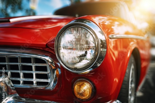 Closeup of a vintage red car headlight during golden hour showcasing details of the lens and chrome finish against a vibrant background