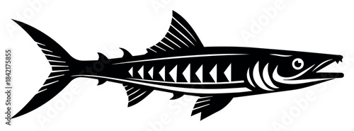 Black silhouette barracuda illustration isolated on white background aggressive predator marine fish artwork nautical animal underwater aquatic graphic design wild sea life vector drawing