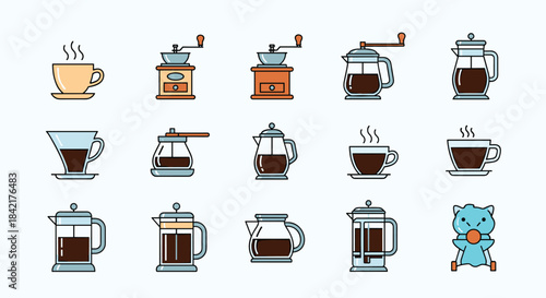 A large collection of colorful coffee-related icons including various grinders presses and cups on a light blue background.