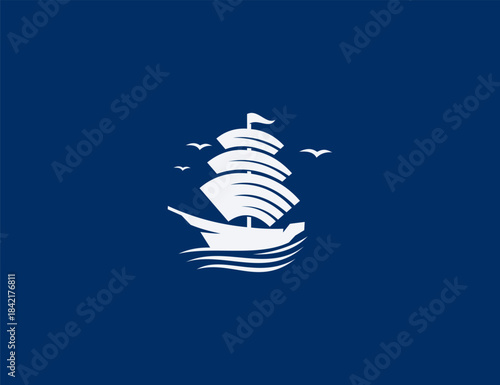 Classic sailing ship logo design navigating ocean waves, with seagulls soaring overhead.