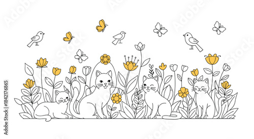 A charming black and white line art illustration of cute cats in a flower garden with birds and butterflies for coloring.