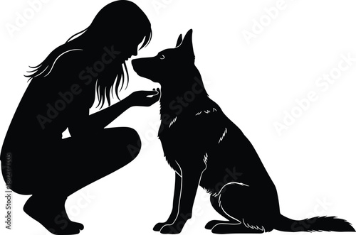 Strong Emotional Bond Between a Woman and Her Loyal German Shepherd Dog Silhouette Portrait, Illustrating Training, Trust, and Companionship