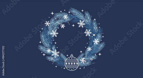 A festive and elegant blue Christmas wreath made of pine branches decorated with white snowflakes stars and a hanging ornament.