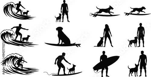 Surfing with Dogs Silhouette Vector Pack Man and Woman Riding Waves, Standing on Beach, and Canine Companions on Surfboards, Coastal Adventure