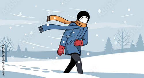 Man Walking in Snowfall Wearing Winter Clothes