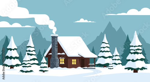 Cozy winter cabin with warm glow in a snowy forest.