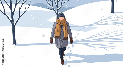 Man Walking in Snowfall Wearing Winter Clothes