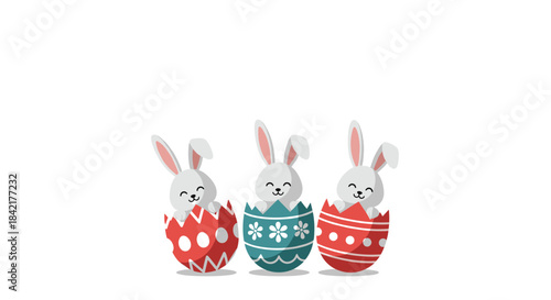 A cute illustration of three happy white Easter bunnies popping out of colorful decorated Easter egg shells for the spring holiday.