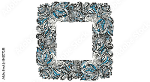 An intricate hand-drawn square frame with detailed blue and gray swirling doodle patterns resembling feathers or ocean waves.