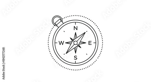 A simple black and white line art icon of a compass with a dotted circle border for navigation and travel design concepts.