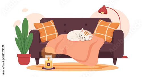 Flat cartoon living room with pet cat or dog, simple modern decor, soft colors, friendly design.