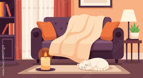 Flat cartoon living room with pet cat or dog, simple modern decor, soft colors, friendly design.