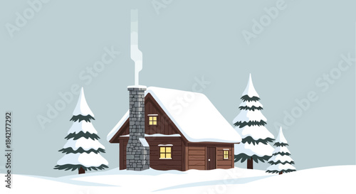 Cozy winter cabin with warm glow in a snowy forest.