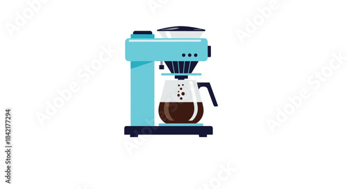 A modern flat design illustration of a blue automatic drip coffee maker brewing a fresh pot of coffee in a clear glass carafe.