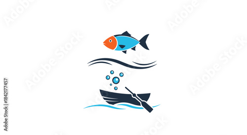 A simple and modern logo design concept for fishing or seafood featuring a colorful fish a boat and waves on a white background.
