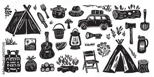 Camping adventure equipment hand drawn black and white collection travel tent backpack guitar campfire outdoor nature hiking survival lantern car hatchet forest wild rustic illustrations
