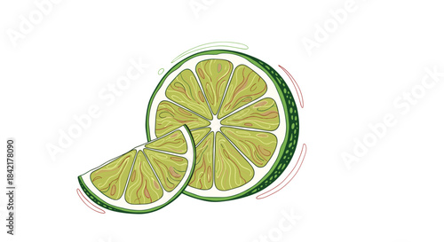 A stylized hand-drawn illustration of a vibrant green lime sliced in half with a smaller wedge next to it on a white background.