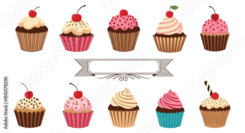 A delicious collection of ten assorted cupcakes with various frostings and cherries with a blank vintage banner for your text.
