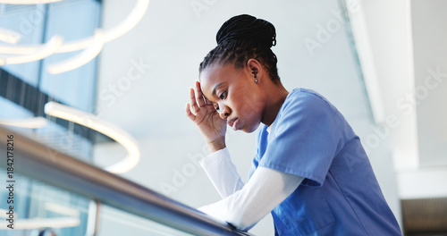 Canvas Print Medical, low angle or nurse in hospital with thinking, patient loss or stress in surgery result