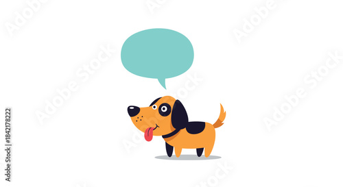 A funny cartoon dog with its tongue sticking out is looking up at a large empty turquoise speech bubble for custom text.