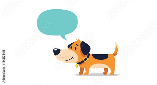 A cute and simple cartoon dog character with a collar and tag looking up happily at an empty speech bubble for your text.