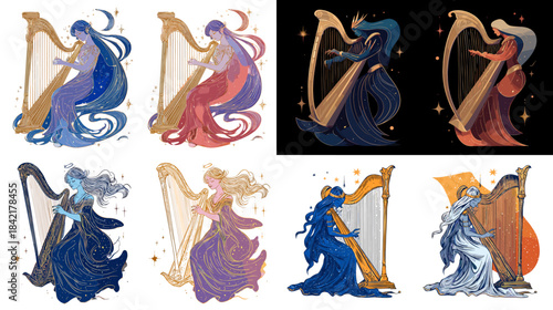 Mythical muse illustration set with elegant figures playing harps in flowing watercolor style ideal for fantasy art music themes and classical storytelling designs.