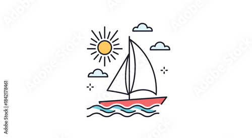 A simple and charming line art icon of a sailboat on the water under a bright sun with clouds for a travel or vacation theme.