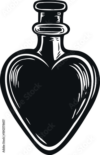 Vintage heart shaped potion bottle hand drawn mystical elixir container magic symbol sketchy antique glass flask witchcraft alchemy monochrome black white artistic retro illustration